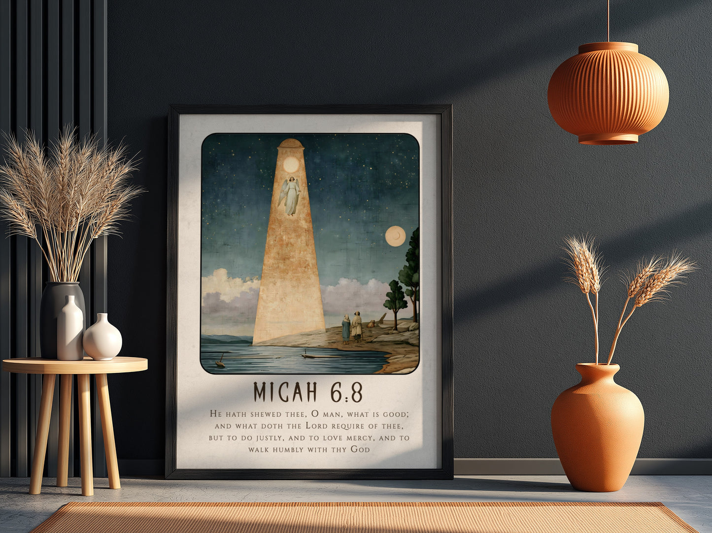 Micah 6:8 poster featuring a serene landscape and angelic figure in soft blue and gold tones