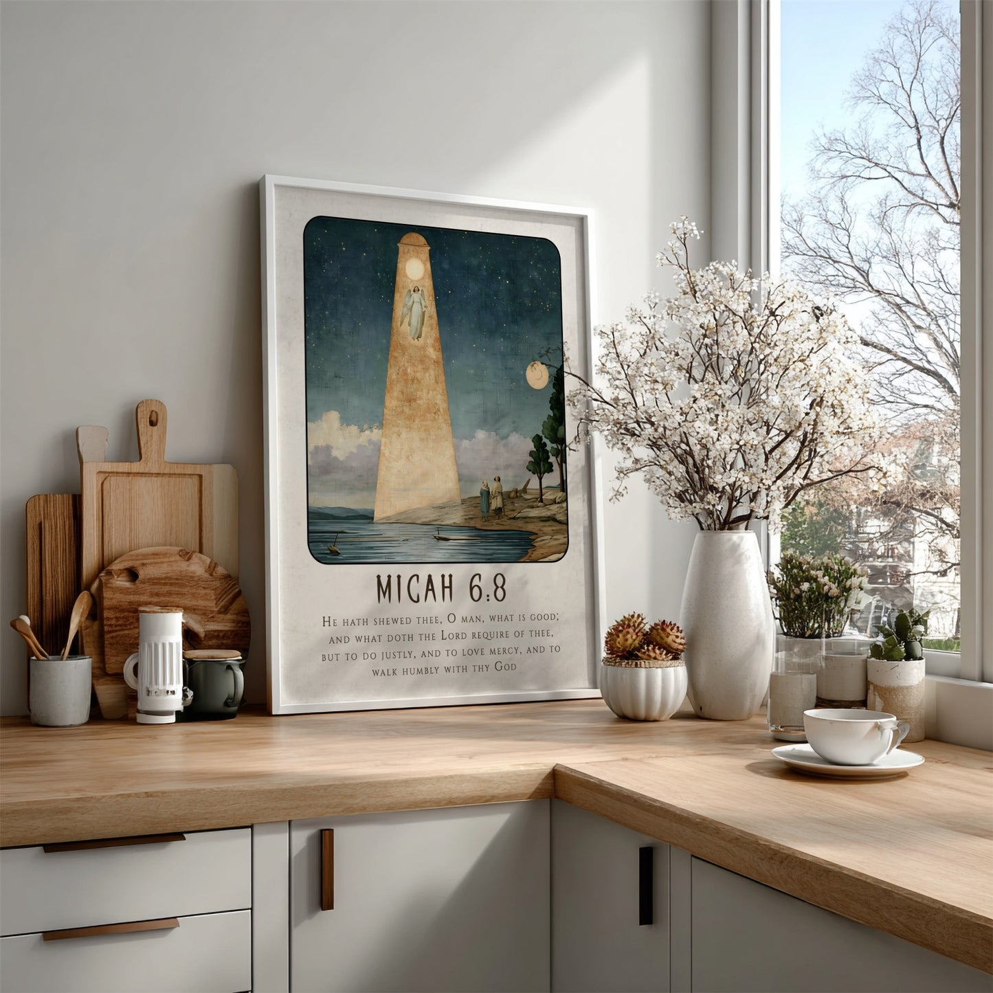 Micah 6:8 poster featuring a serene landscape and angelic figure in soft blue and gold tones