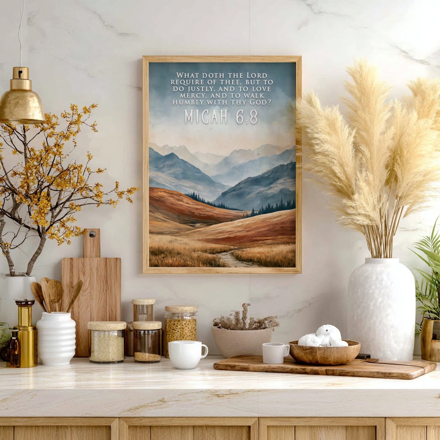 Poster displaying rolling mountain landscape with golden grass and Micah 6:8 scripture text overlay