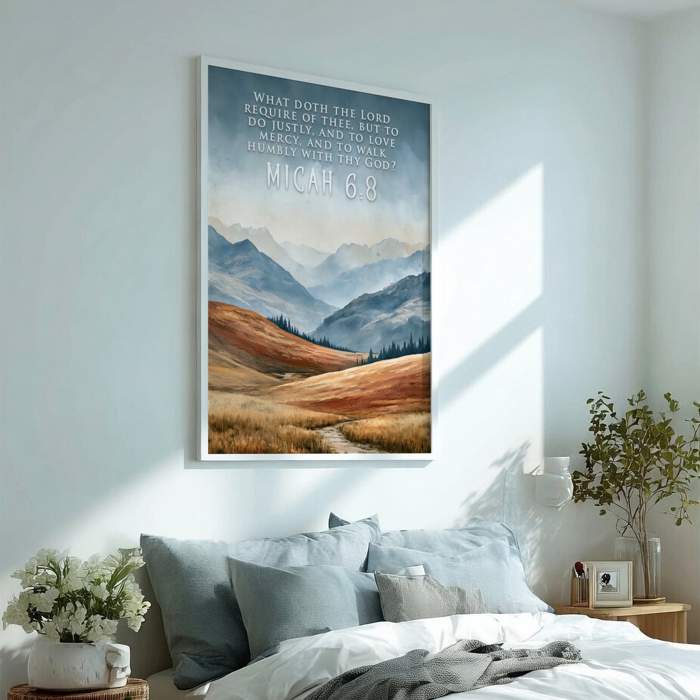 Poster displaying rolling mountain landscape with golden grass and Micah 6:8 scripture text overlay