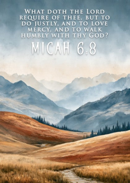 Poster displaying rolling mountain landscape with golden grass and Micah 6:8 scripture text overlay