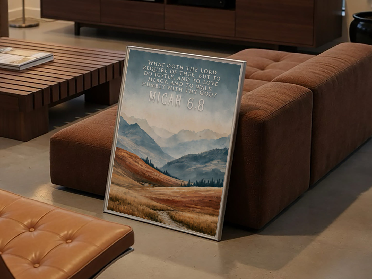 Poster displaying rolling mountain landscape with golden grass and Micah 6:8 scripture text overlay