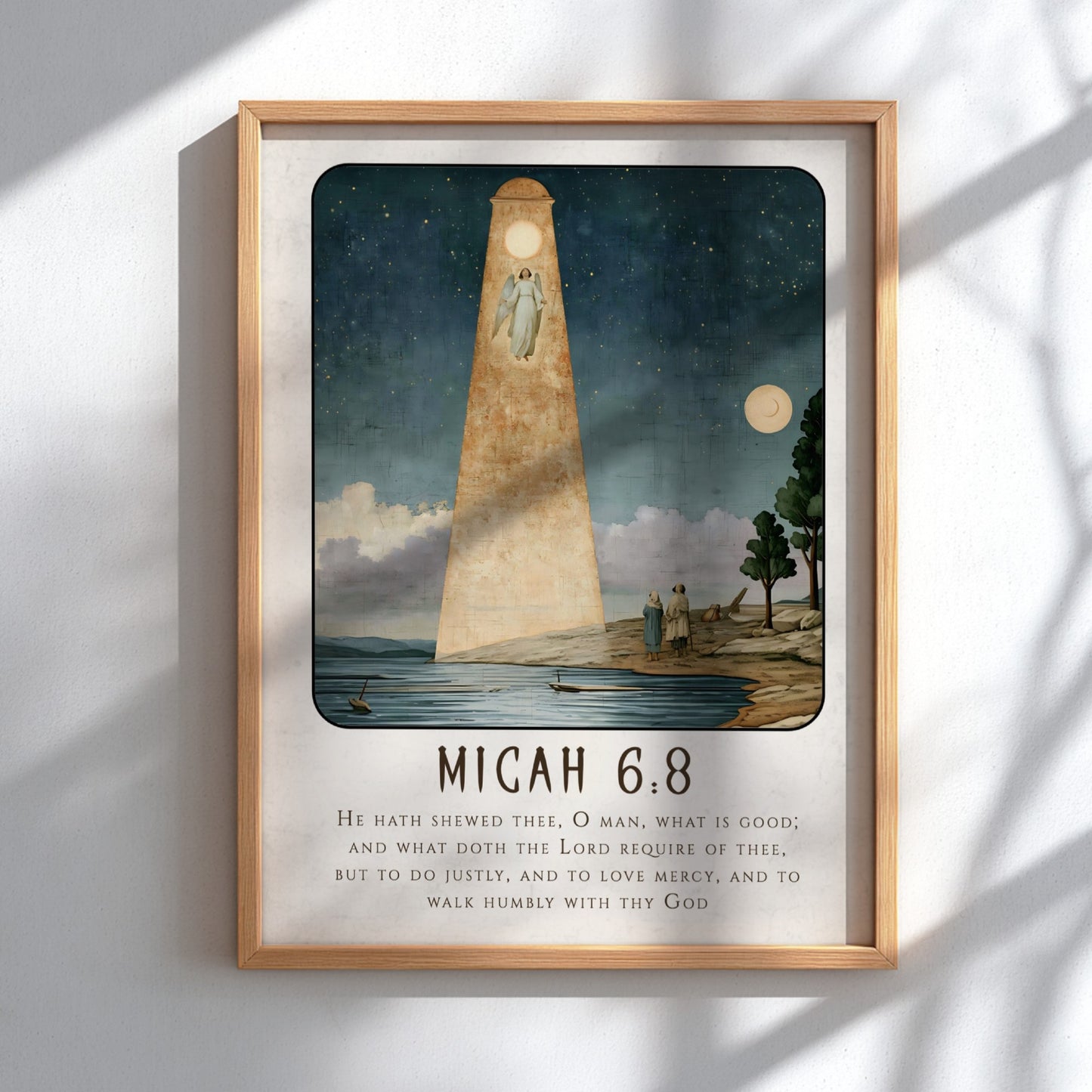 Micah 6:8 poster featuring a serene landscape and angelic figure in soft blue and gold tones