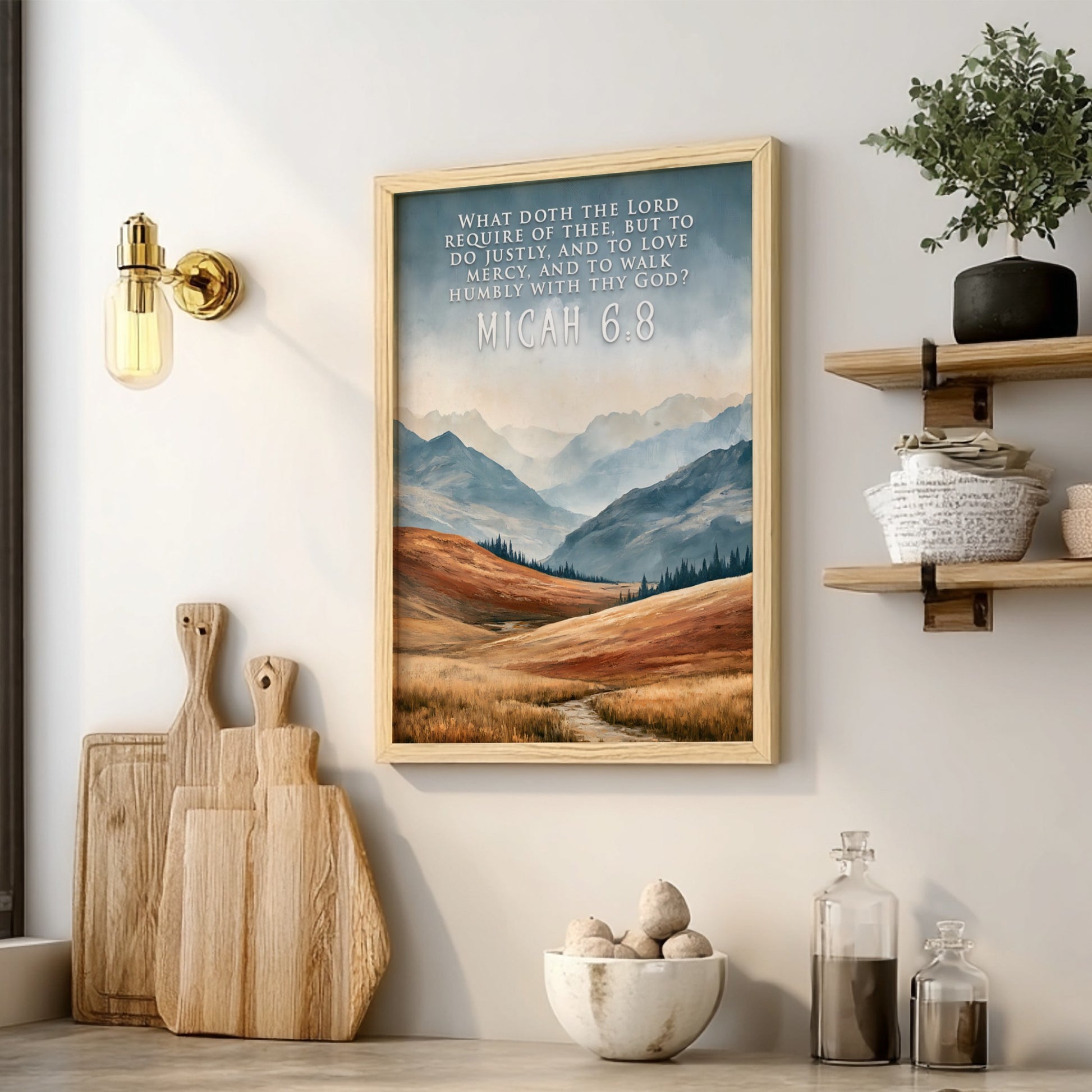 Poster displaying rolling mountain landscape with golden grass and Micah 6:8 scripture text overlay