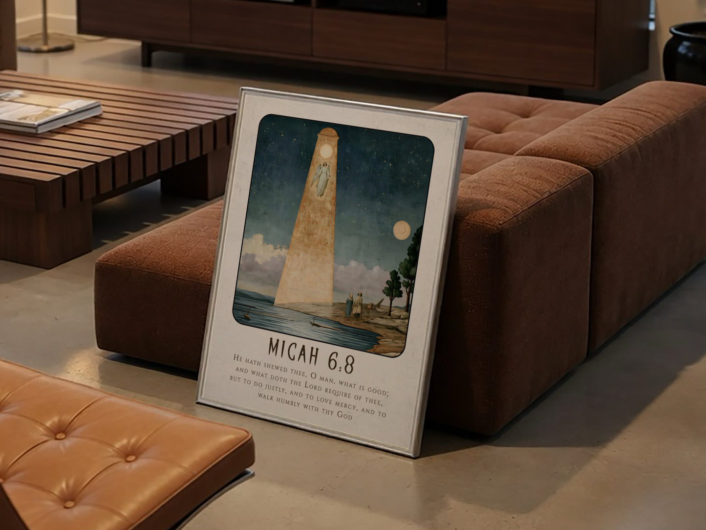 Micah 6:8 poster featuring a serene landscape and angelic figure in soft blue and gold tones