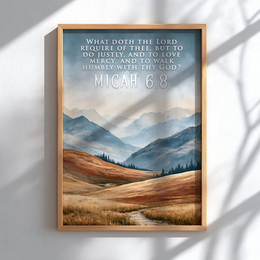 Poster displaying rolling mountain landscape with golden grass and Micah 6:8 scripture text overlay