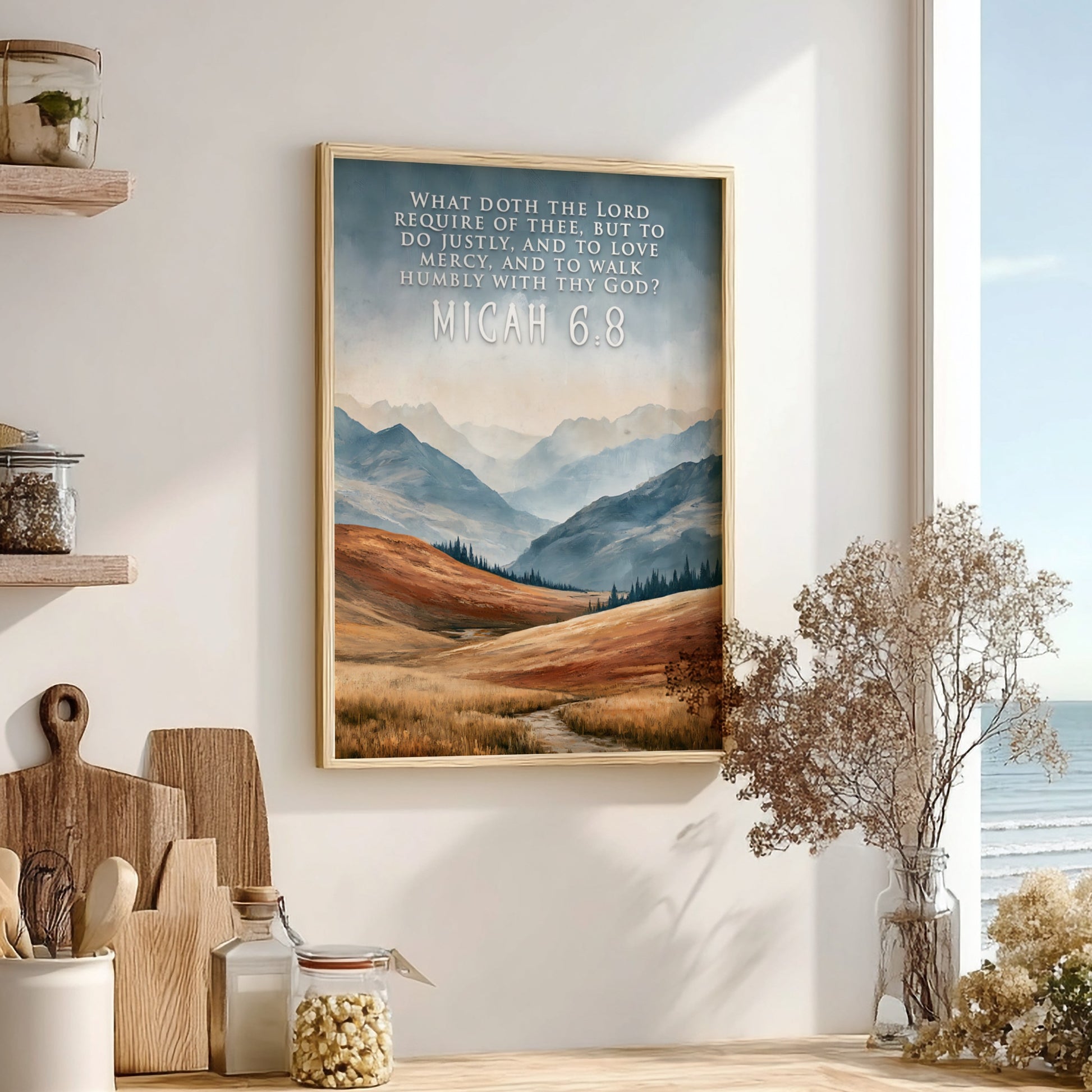 Poster displaying rolling mountain landscape with golden grass and Micah 6:8 scripture text overlay