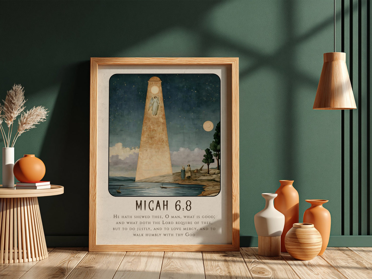 Micah 6:8 poster featuring a serene landscape and angelic figure in soft blue and gold tones