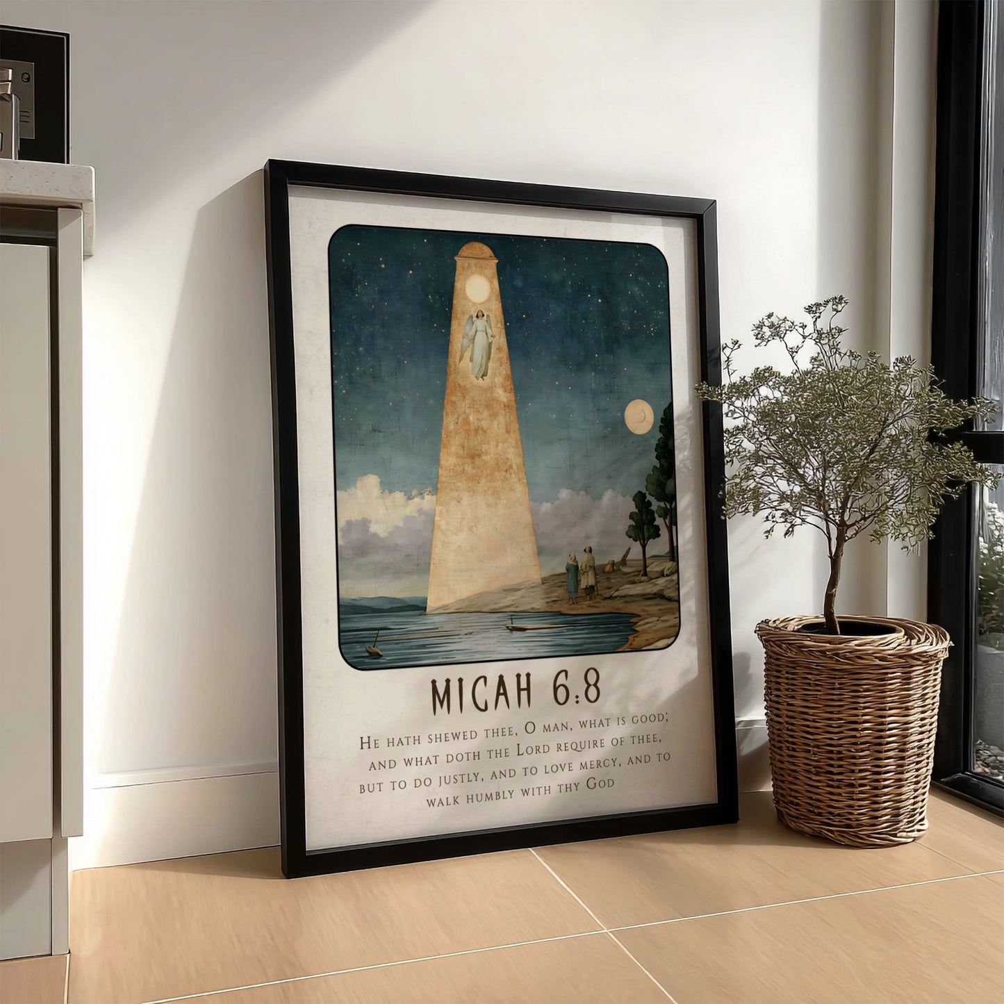 Micah 6:8 poster featuring a serene landscape and angelic figure in soft blue and gold tones