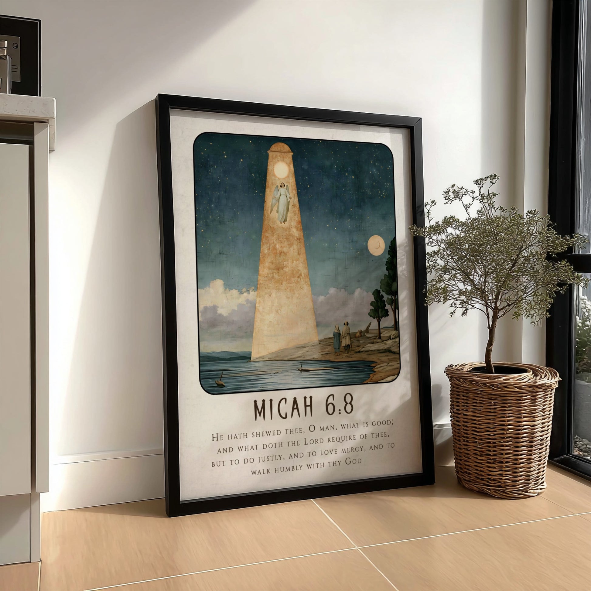 Micah 6:8 poster featuring a serene landscape and angelic figure in soft blue and gold tones