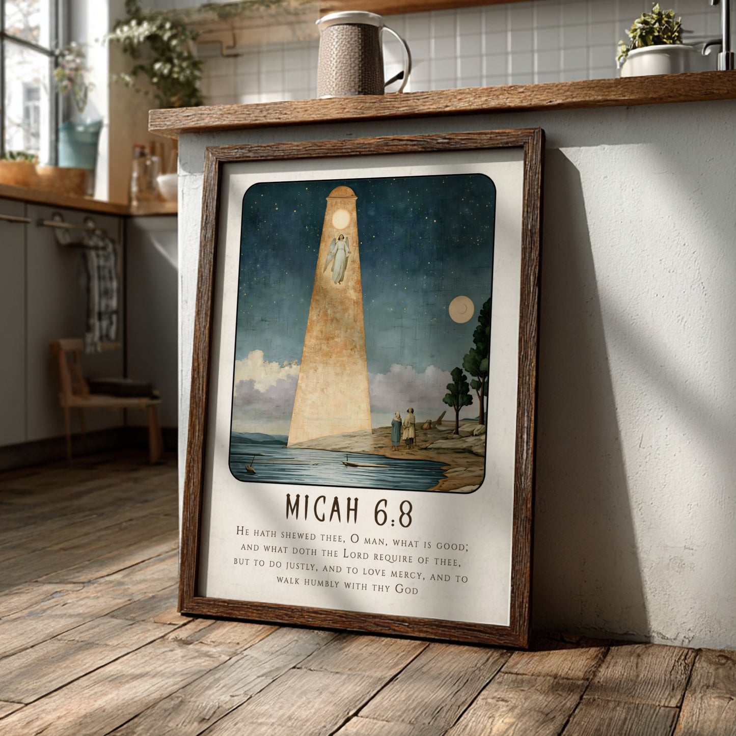 Micah 6:8 poster featuring a serene landscape and angelic figure in soft blue and gold tones