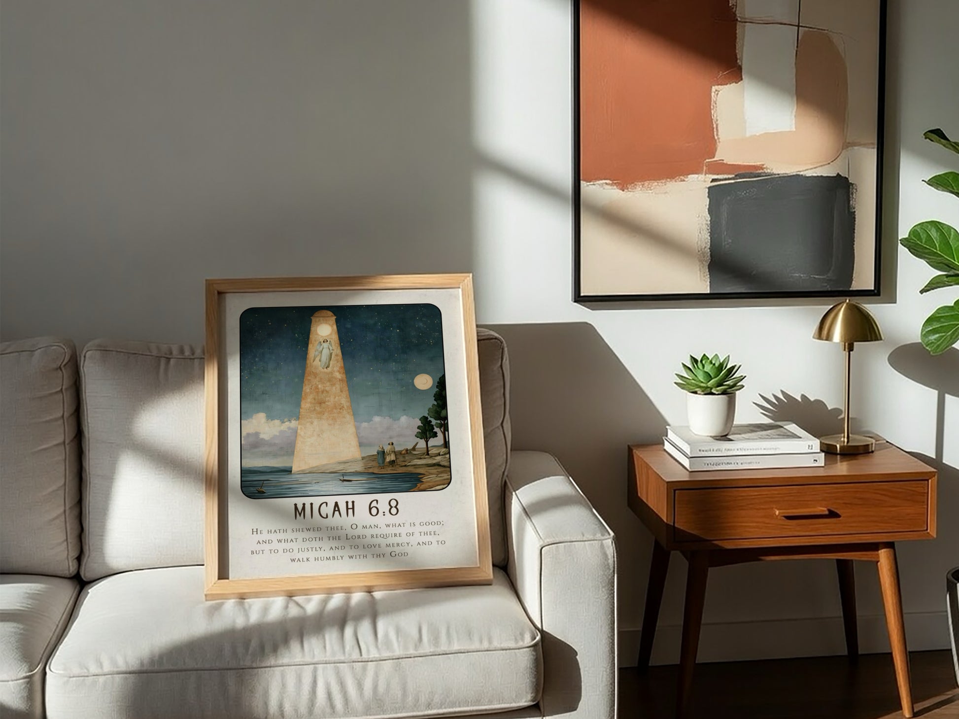 Micah 6:8 poster featuring a serene landscape and angelic figure in soft blue and gold tones