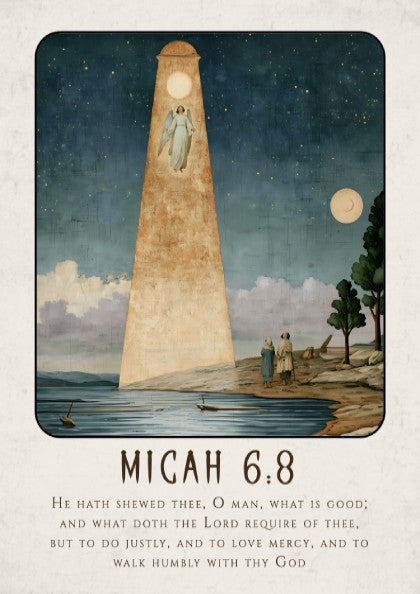 Micah 6:8 poster featuring a serene landscape and angelic figure in soft blue and gold tones