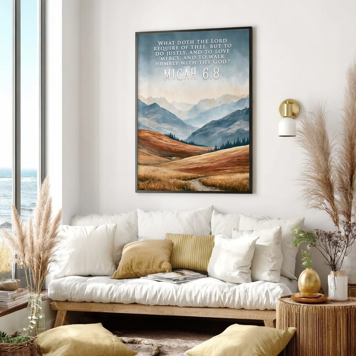 Poster displaying rolling mountain landscape with golden grass and Micah 6:8 scripture text overlay
