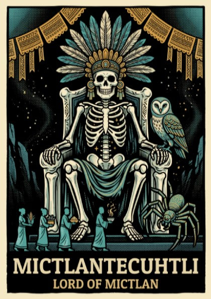 Poster of Mictlantecuhtli, the Aztec lord of the underworld, wearing a feathered headdress.