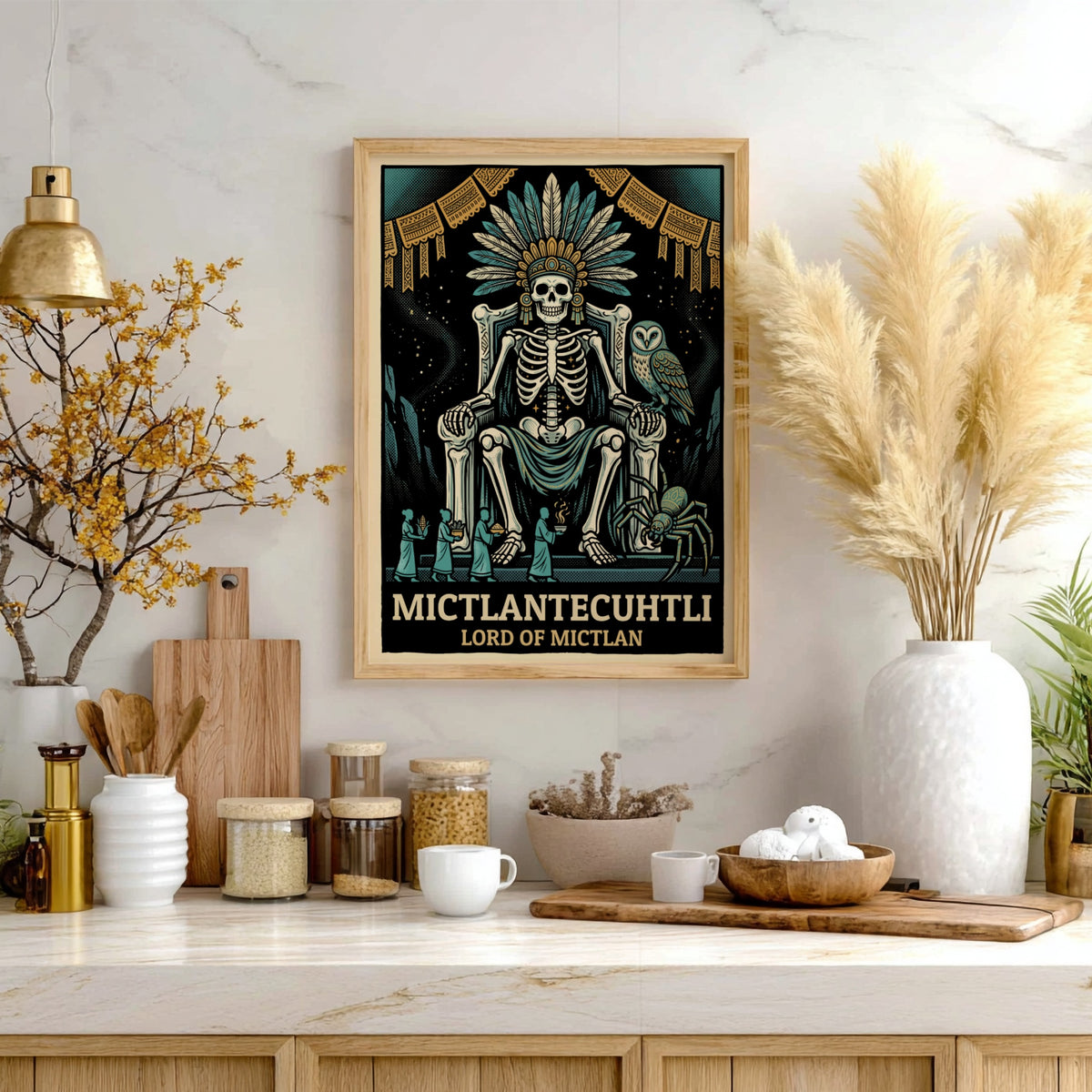 Poster of Mictlantecuhtli, the Aztec lord of the underworld, wearing a feathered headdress.
