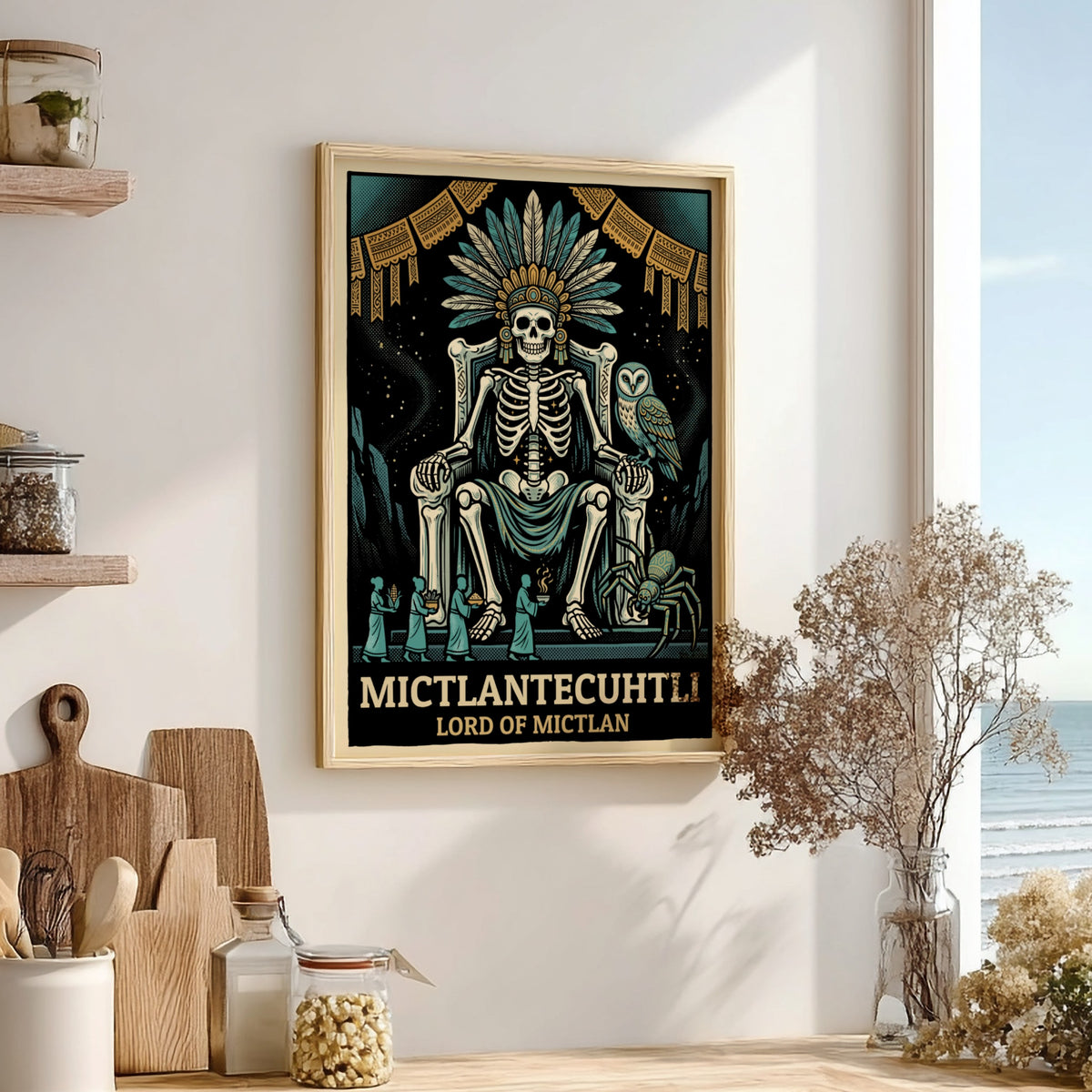 Poster of Mictlantecuhtli, the Aztec lord of the underworld, wearing a feathered headdress.