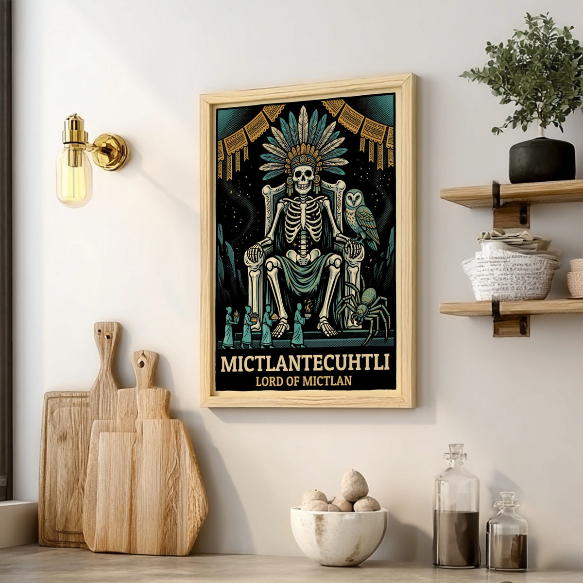 Poster of Mictlantecuhtli, the Aztec lord of the underworld, wearing a feathered headdress.