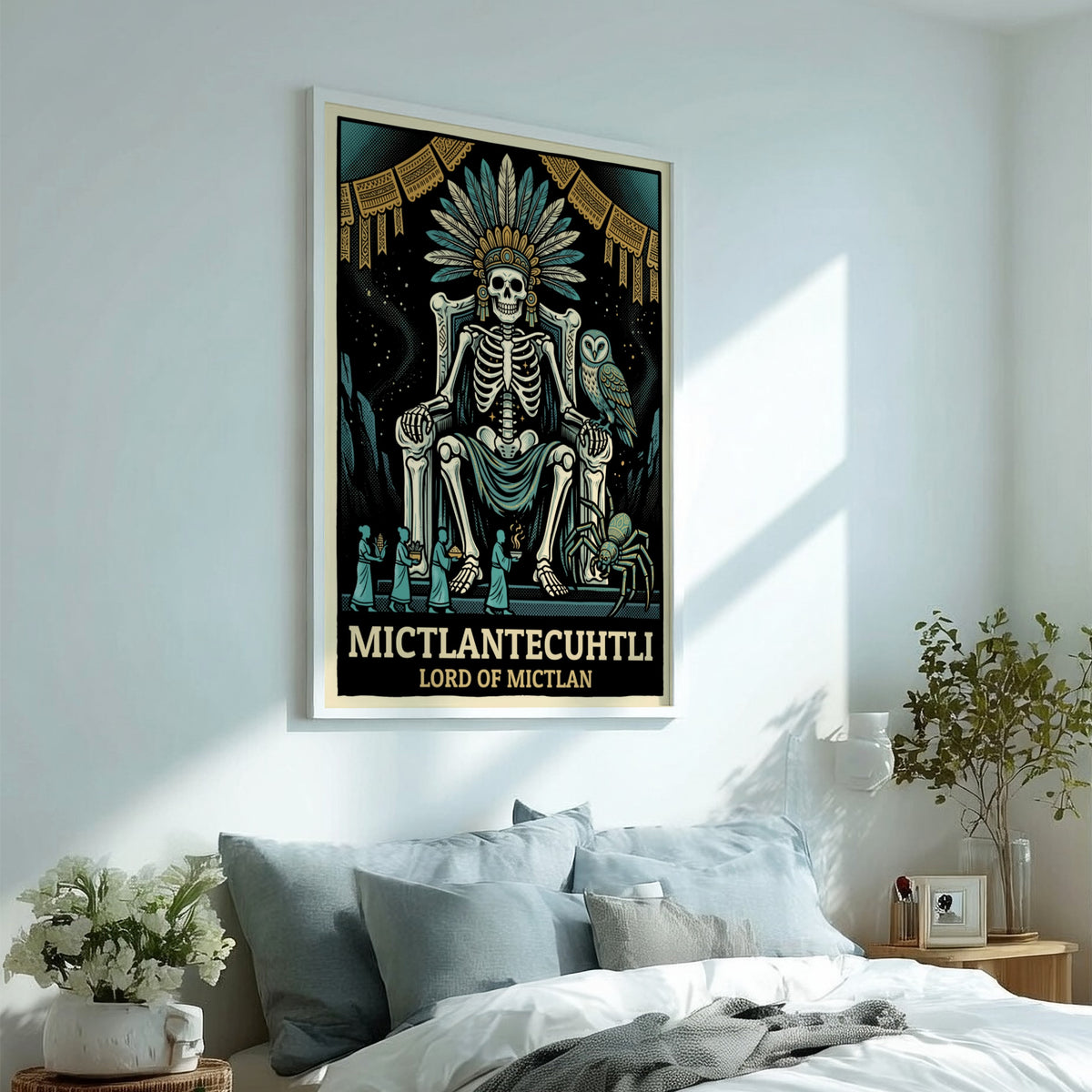 Poster of Mictlantecuhtli, the Aztec lord of the underworld, wearing a feathered headdress.