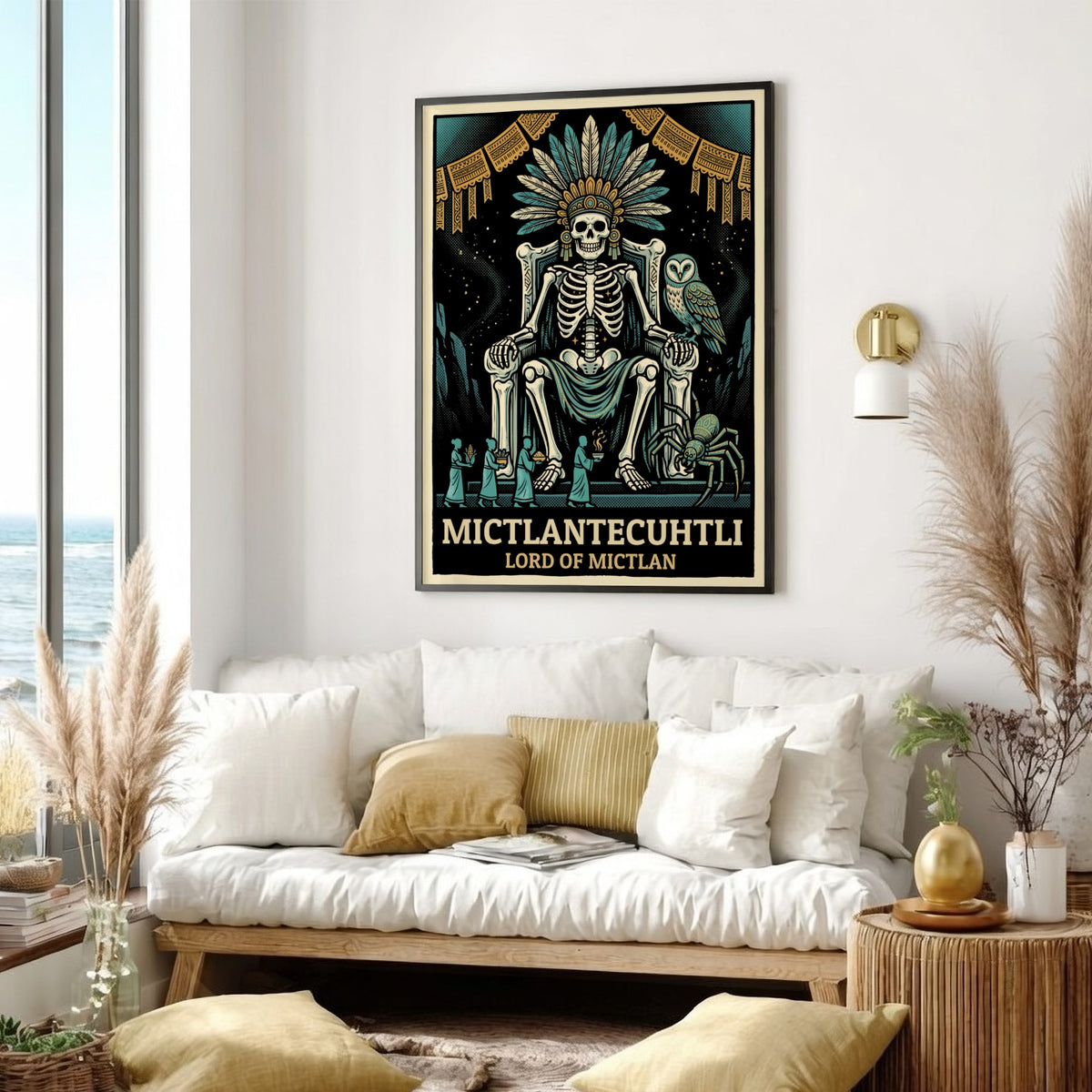 Poster of Mictlantecuhtli, the Aztec lord of the underworld, wearing a feathered headdress.