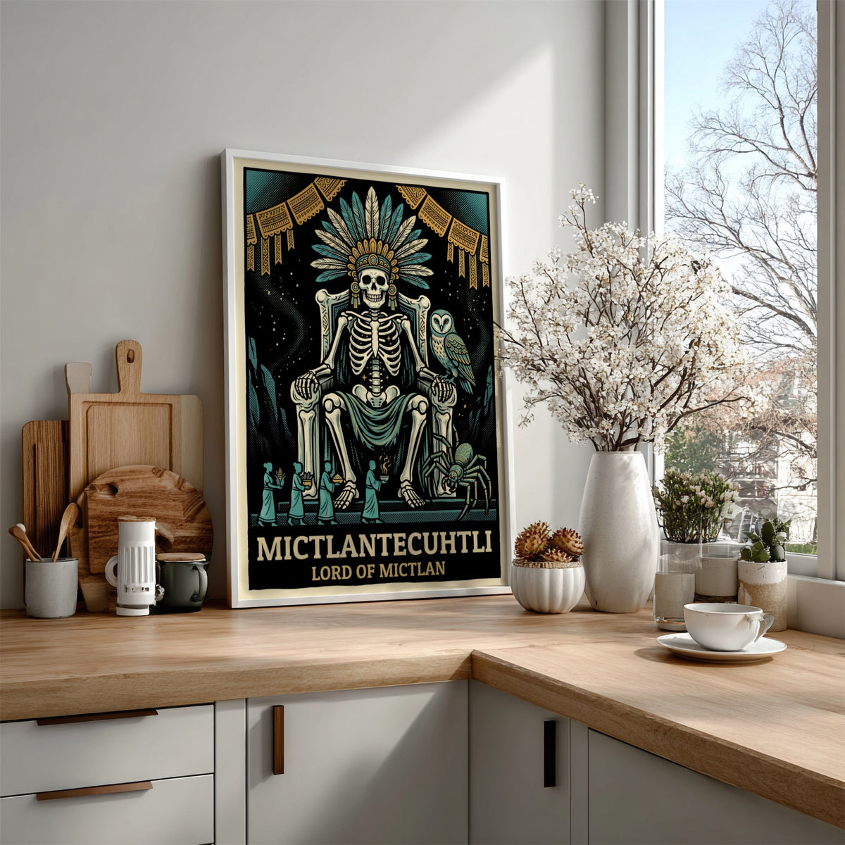 Poster of Mictlantecuhtli, the Aztec lord of the underworld, wearing a feathered headdress.