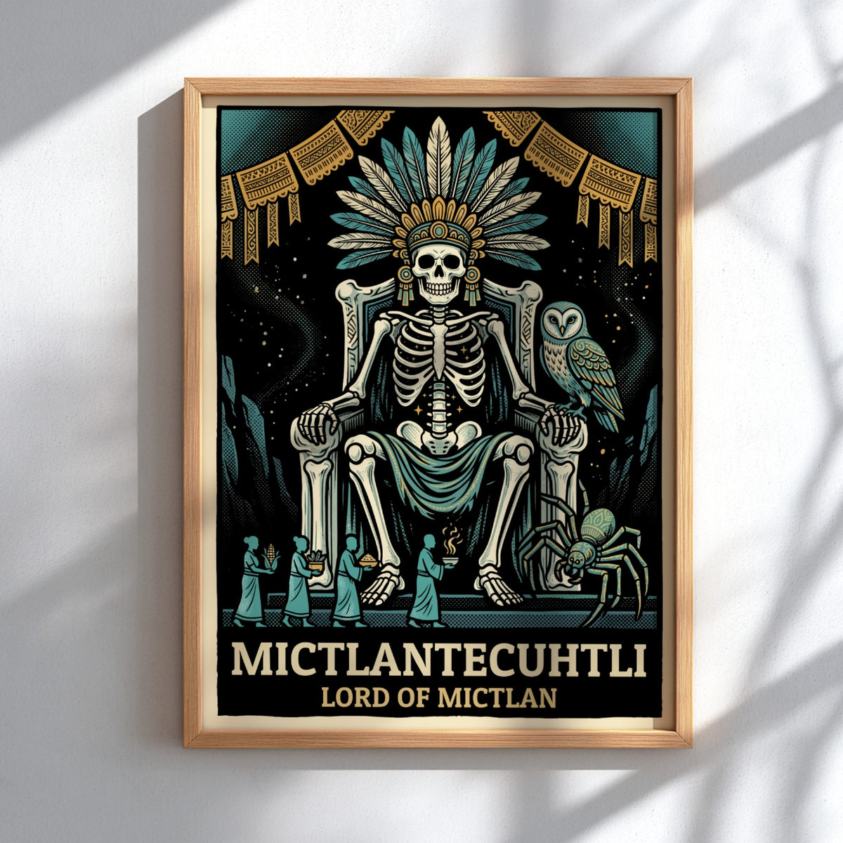 Poster of Mictlantecuhtli, the Aztec lord of the underworld, wearing a feathered headdress.