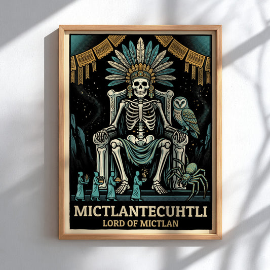 Poster of Mictlantecuhtli, the Aztec lord of the underworld, wearing a feathered headdress.