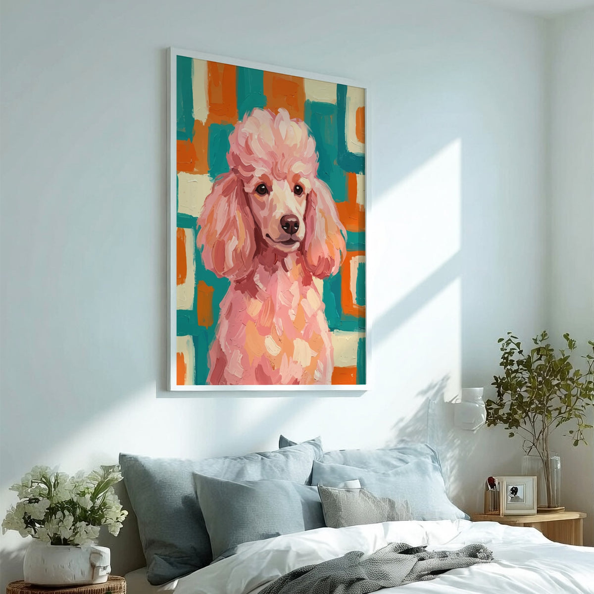 Poster featuring an expressive pink poodle against a geometric teal and orange mid-century background.