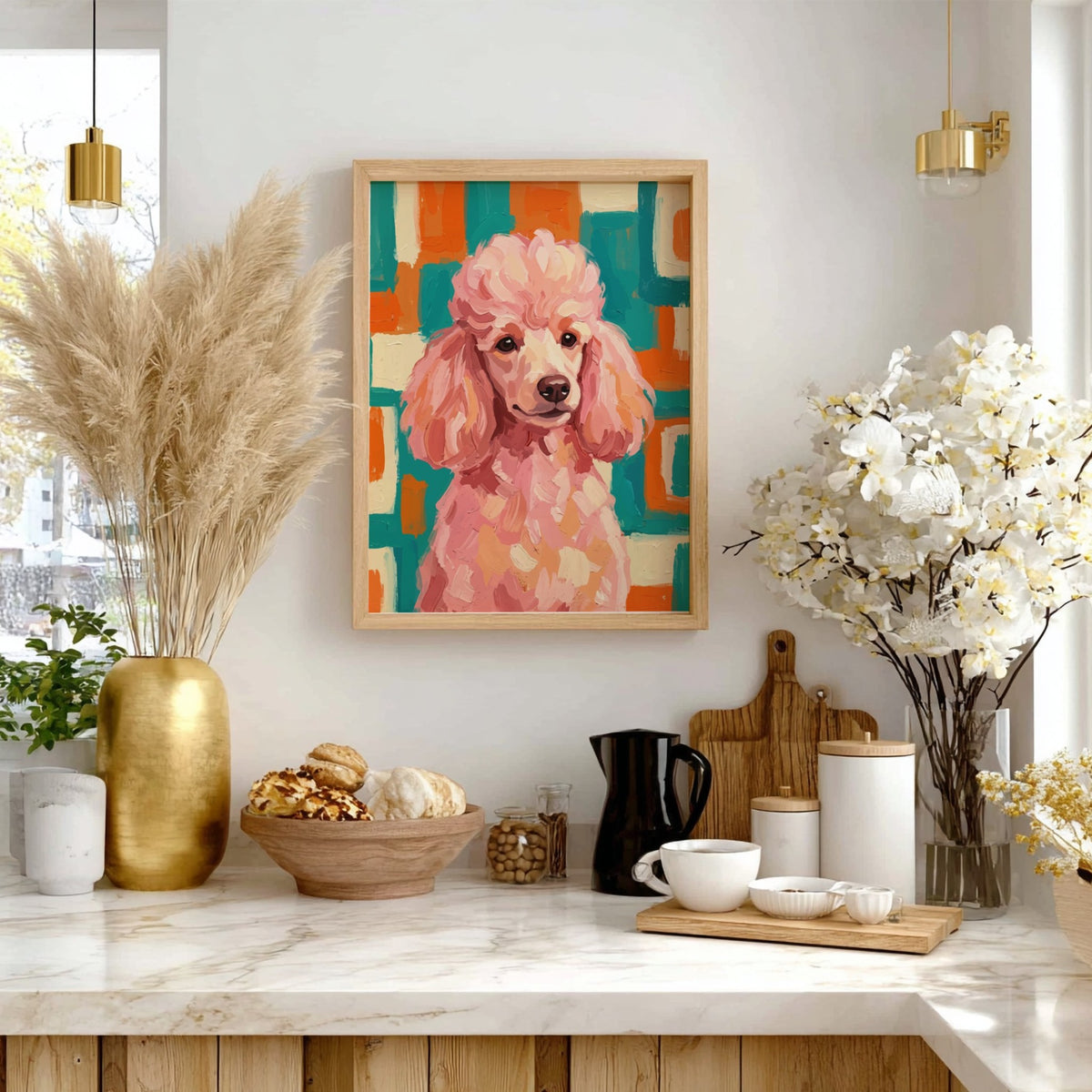 Poster featuring an expressive pink poodle against a geometric teal and orange mid-century background.