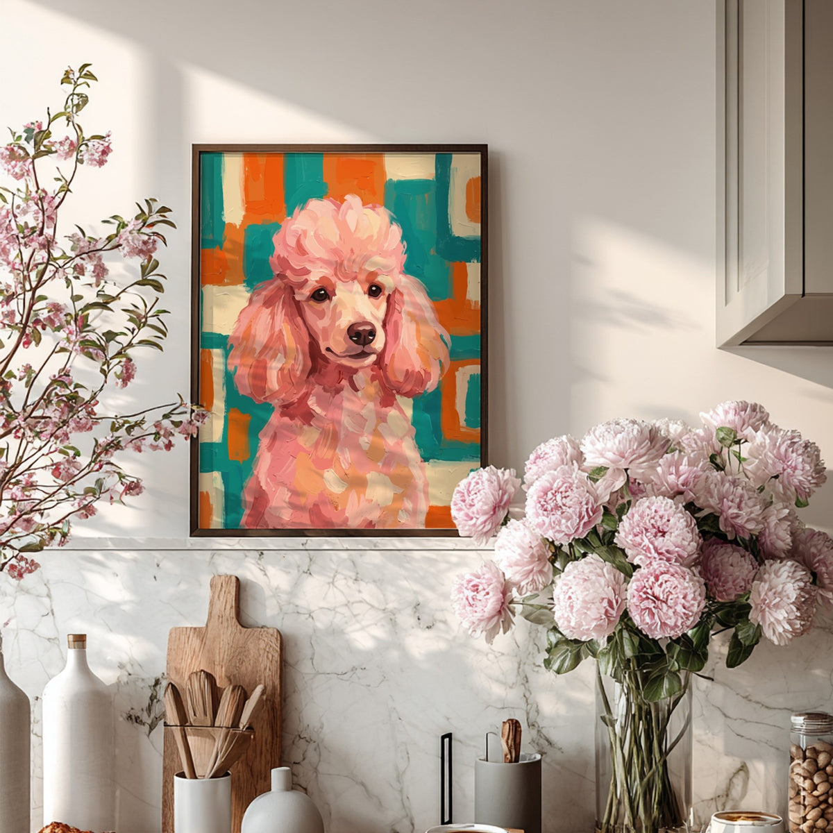 Poster featuring an expressive pink poodle against a geometric teal and orange mid-century background.