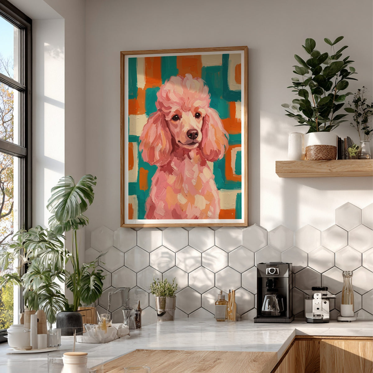 Poster featuring an expressive pink poodle against a geometric teal and orange mid-century background.