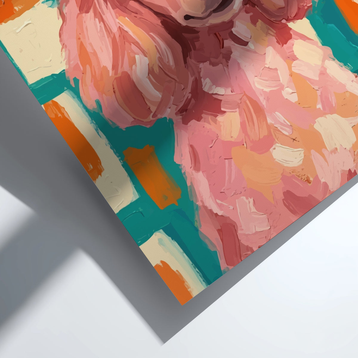 Poster featuring an expressive pink poodle against a geometric teal and orange mid-century background.