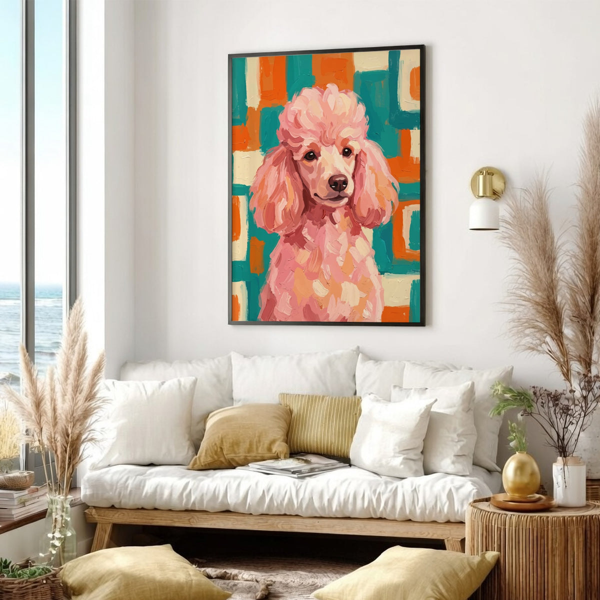 Poster featuring an expressive pink poodle against a geometric teal and orange mid-century background.