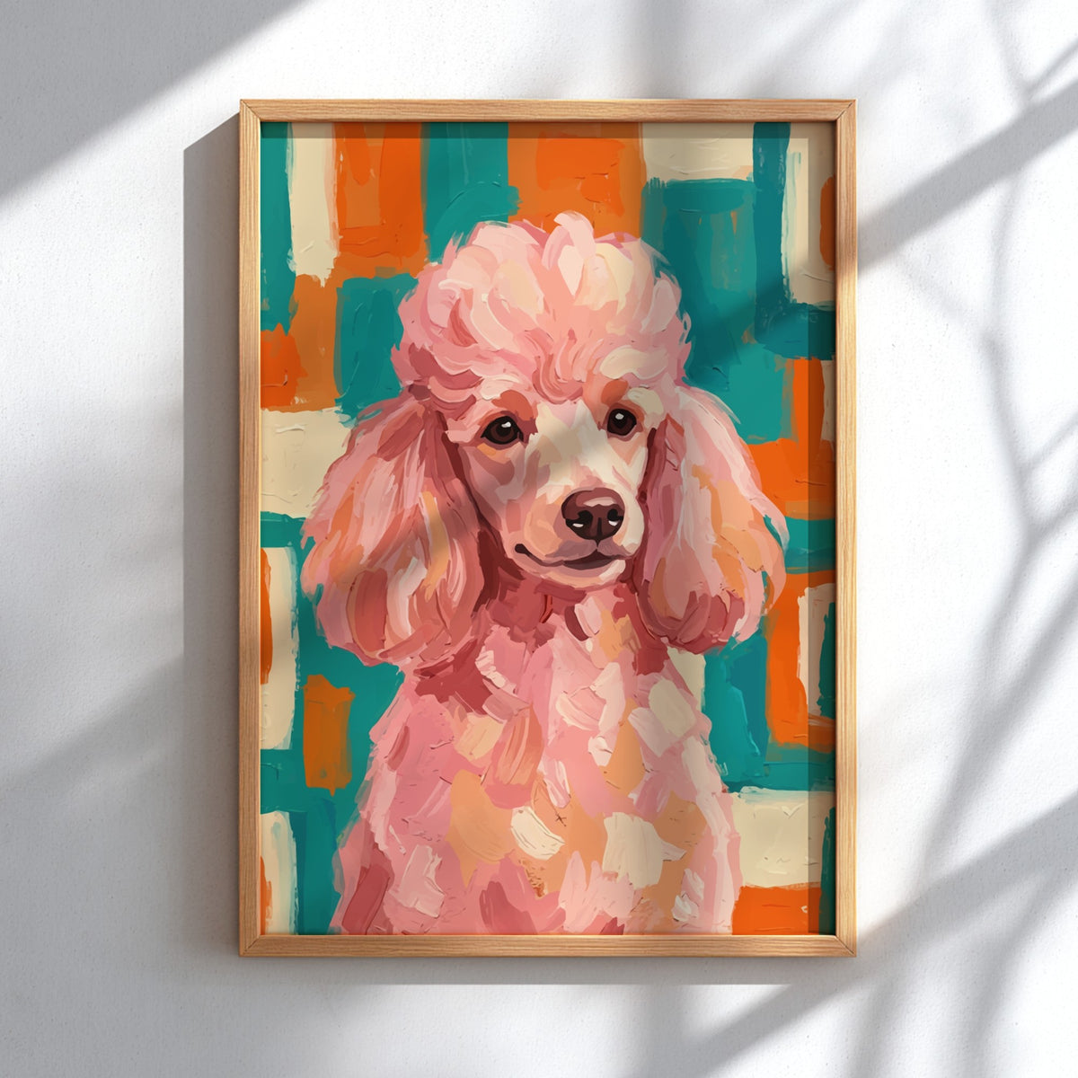 Poster featuring an expressive pink poodle against a geometric teal and orange mid-century background.