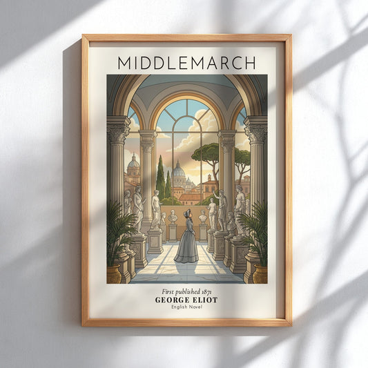 Poster featuring a woman in a gallery looking at a cityscape titled Middlemarch George Eliot