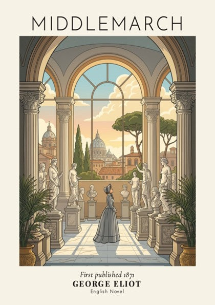 Poster featuring a woman in a gallery looking at a cityscape titled Middlemarch George Eliot