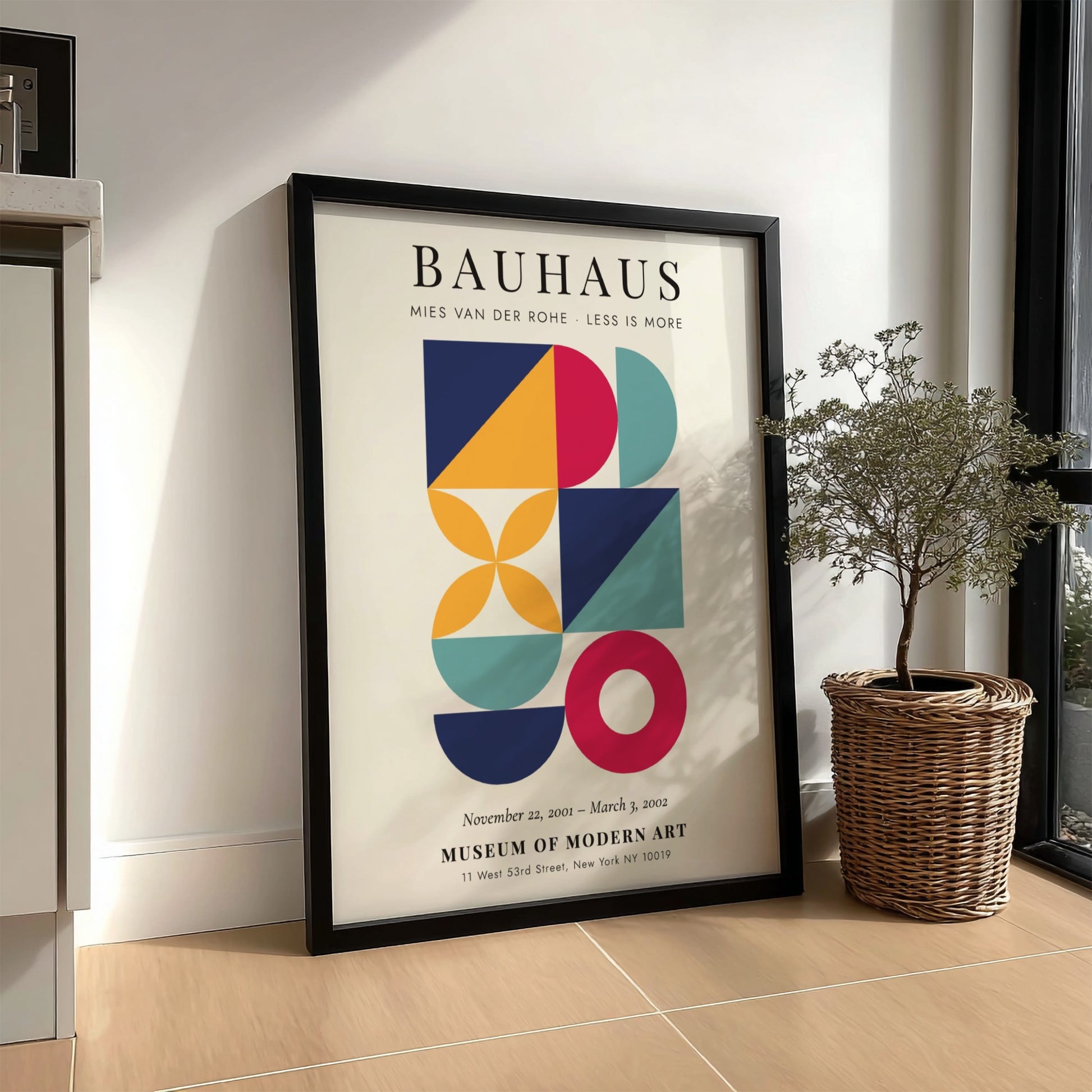 Bauhaus poster featuring geometric shapes and vibrant colors, showcasing modern art style by Mies van der
