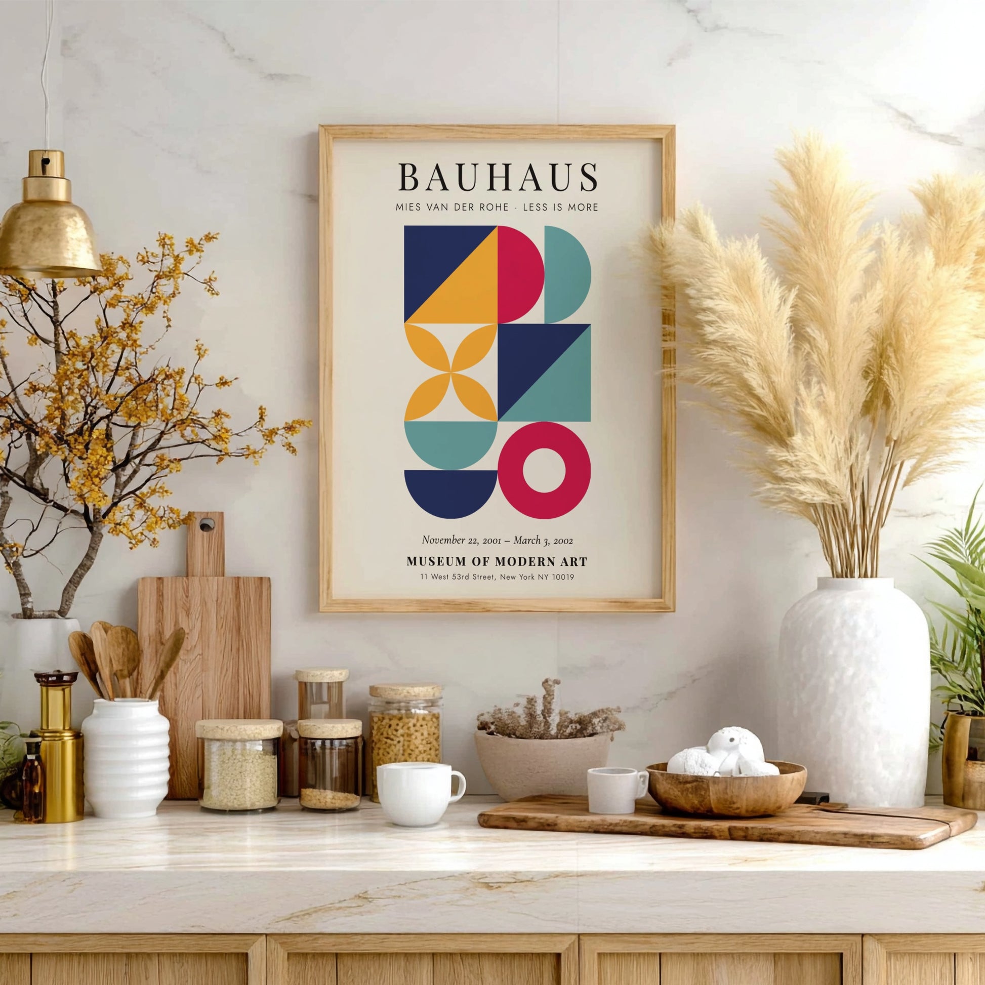 Bauhaus poster featuring geometric shapes and vibrant colors, showcasing modern art style by Mies van der