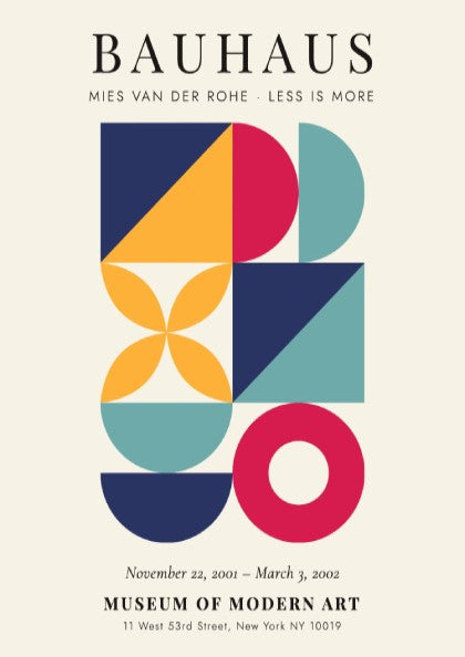 Bauhaus poster featuring geometric shapes and vibrant colors, showcasing modern art style by Mies van der