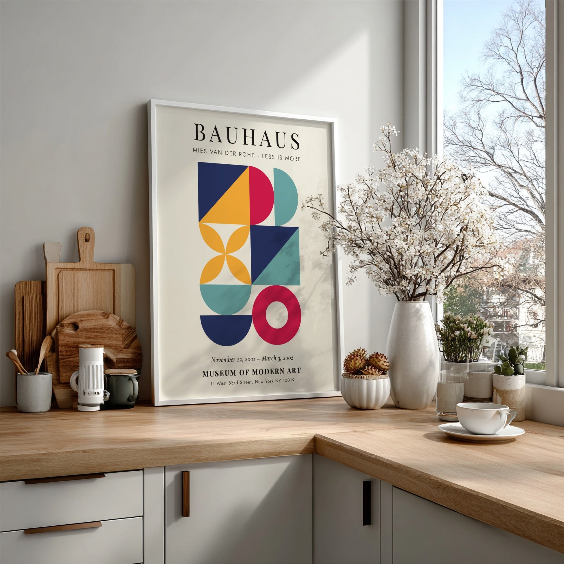 Bauhaus poster featuring geometric shapes and vibrant colors, showcasing modern art style by Mies van der