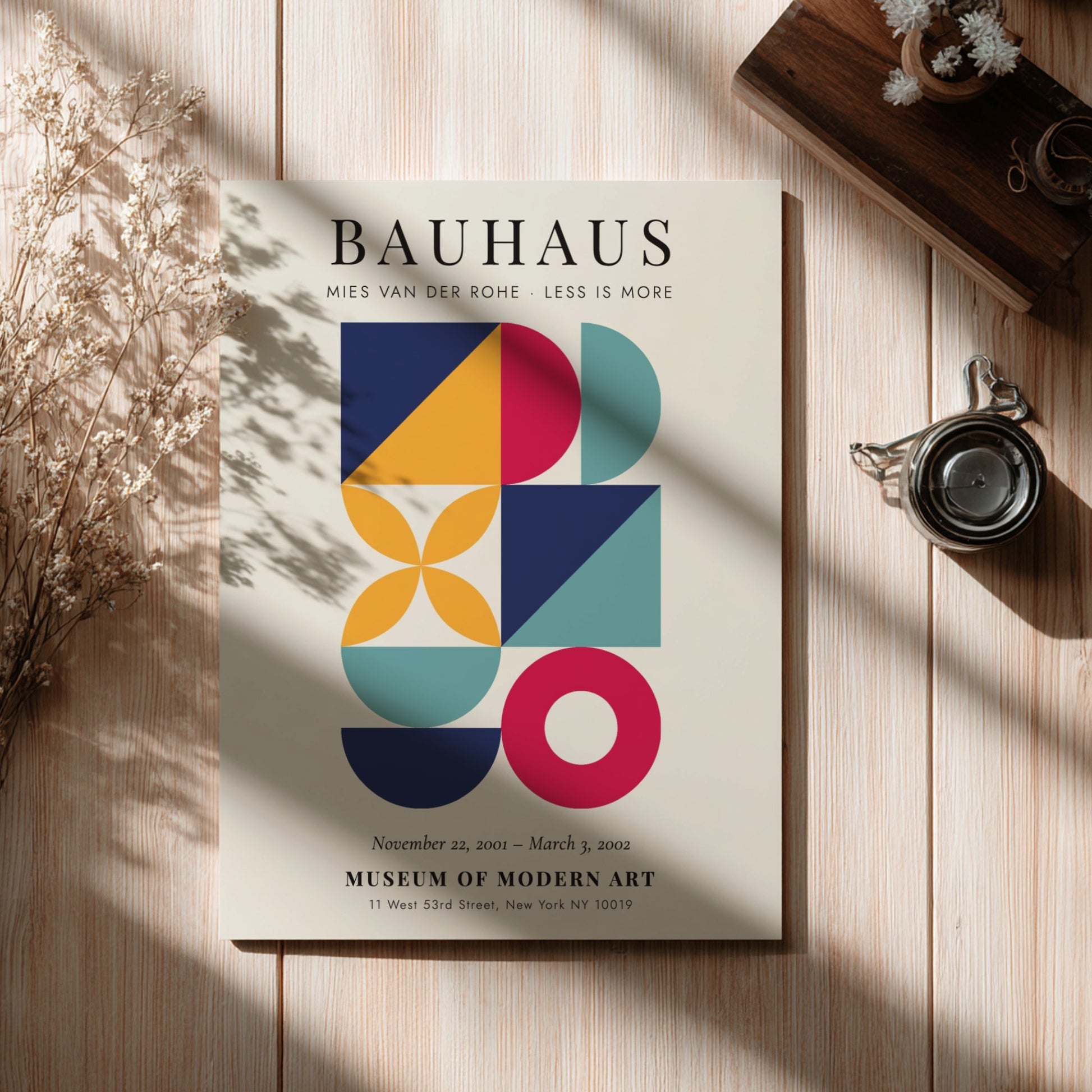 Bauhaus poster featuring geometric shapes and vibrant colors, showcasing modern art style by Mies van der