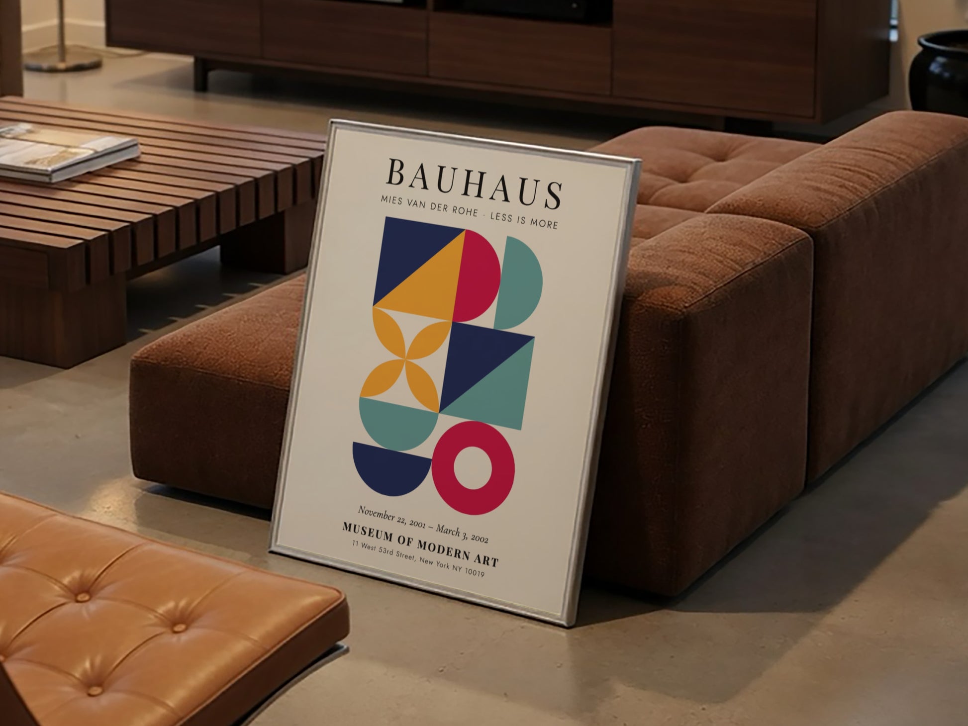 Bauhaus poster featuring geometric shapes and vibrant colors, showcasing modern art style by Mies van der