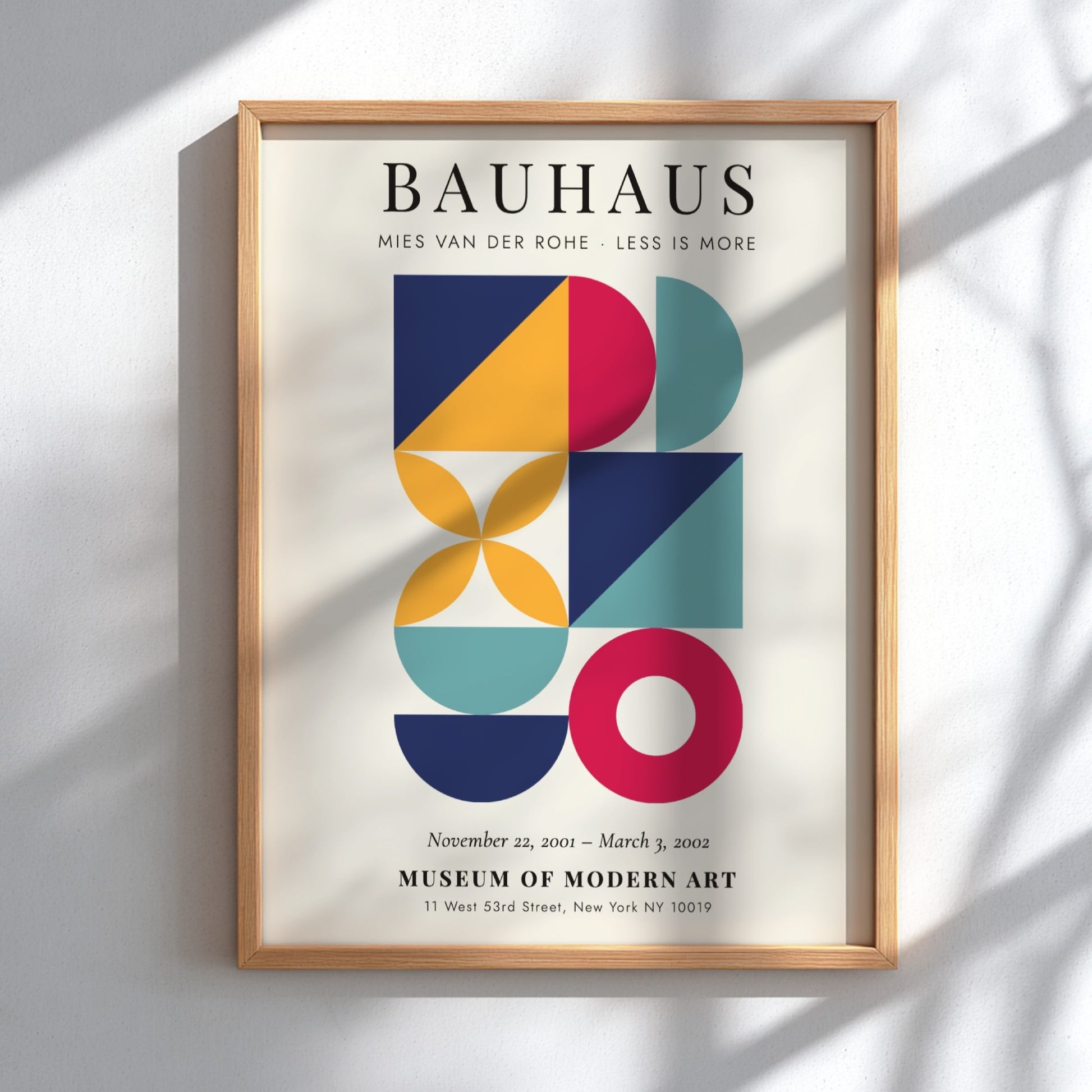 Bauhaus poster featuring geometric shapes and vibrant colors, showcasing modern art style by Mies van der