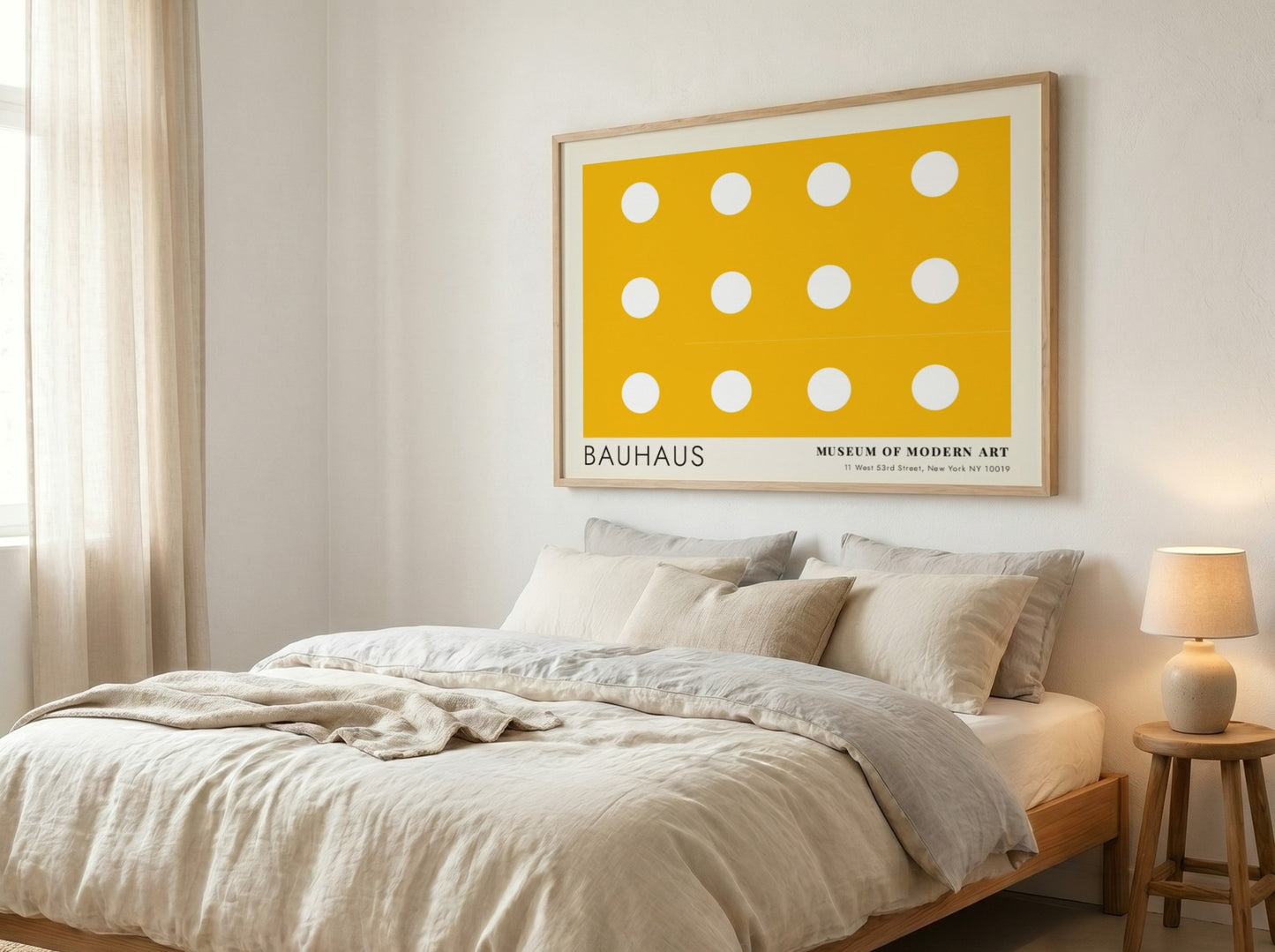 Wall art poster featuring a yellow background with white circles and Bauhaus typography.