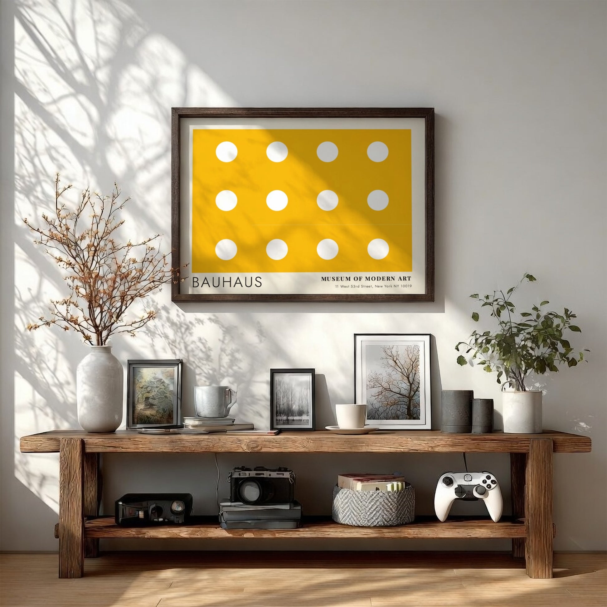 Wall art poster featuring a yellow background with white circles and Bauhaus typography.