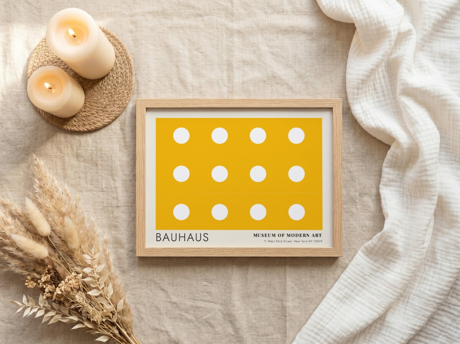 Wall art poster featuring a yellow background with white circles and Bauhaus typography.