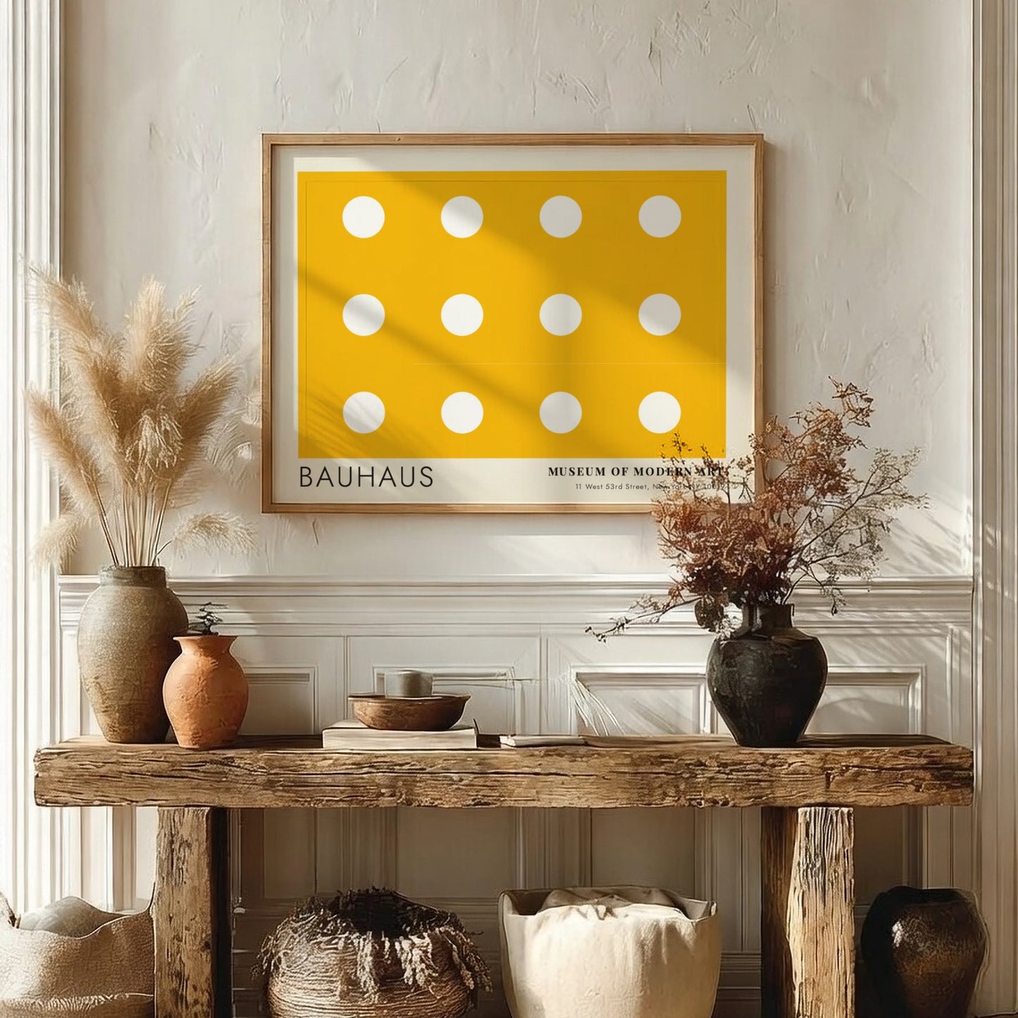Wall art poster featuring a yellow background with white circles and Bauhaus typography.