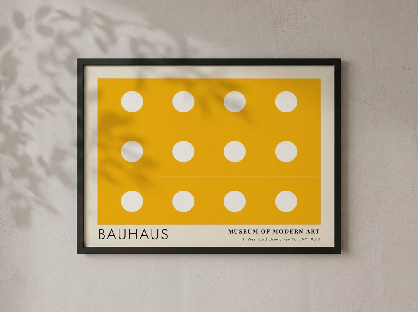 Wall art poster featuring a yellow background with white circles and Bauhaus typography.