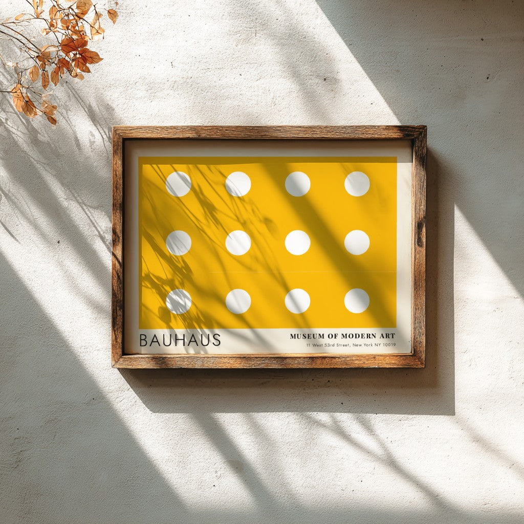 Wall art poster featuring a yellow background with white circles and Bauhaus typography.