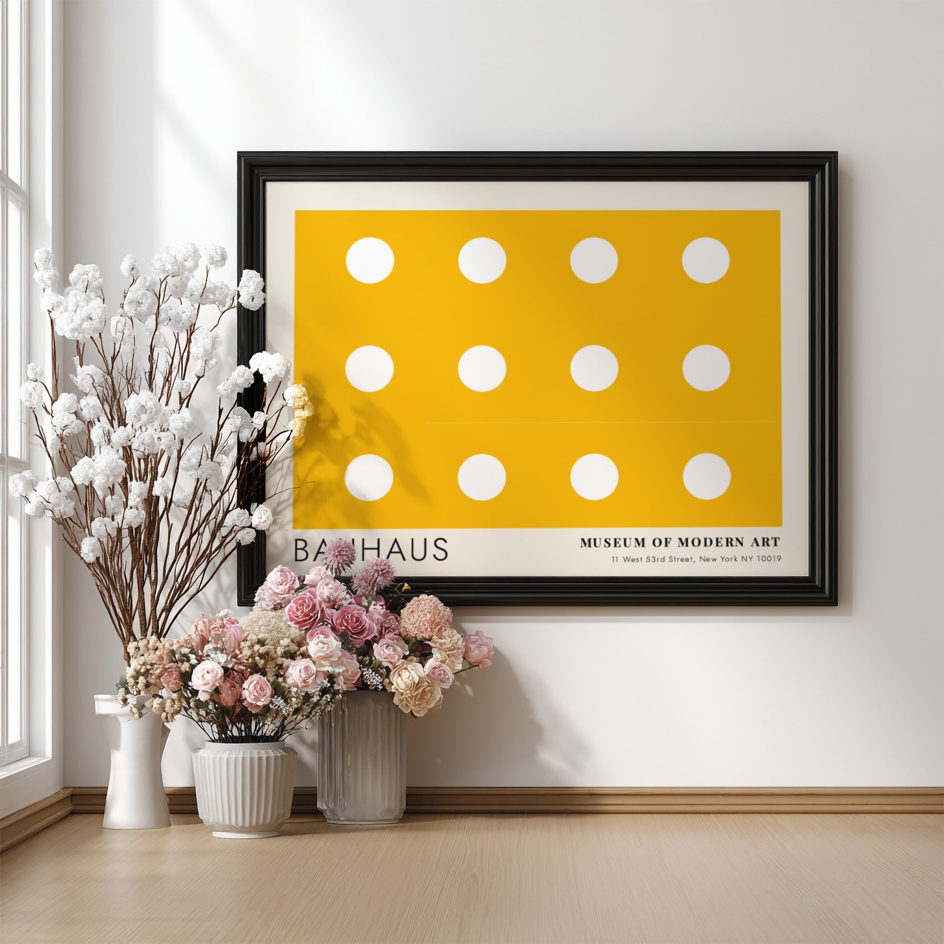 Wall art poster featuring a yellow background with white circles and Bauhaus typography.